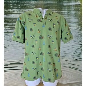 Fahrenheit‎ Polo Shirt XL Green Nautical Print Fitted Casual Knit Short Sleeve